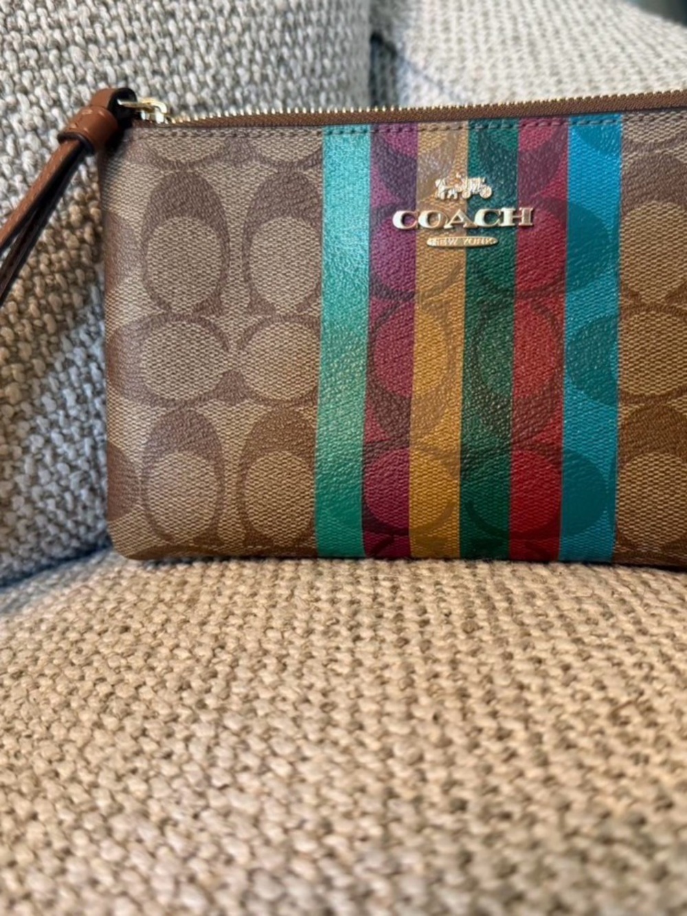 Coach Brown Signature Wristlet with Multicolor Stripes